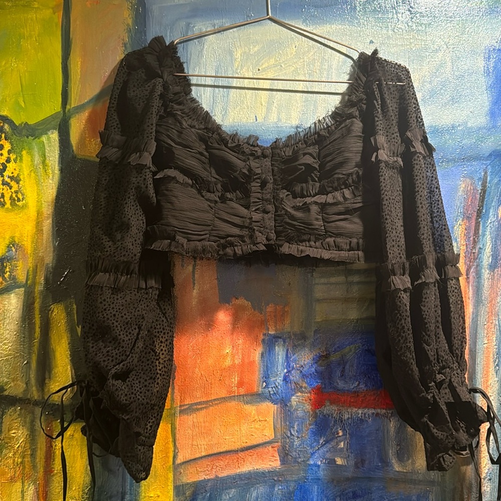 ASOS D E S I G N black chiffon crop balloon ruffle mixed print made in India 4